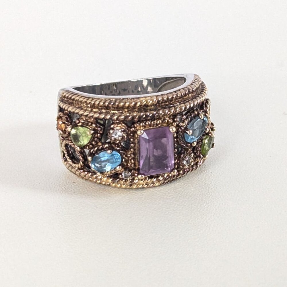 Sima K Amethyst And Multi Gemstone Two Tone Sterling Silver Band Cocktail Ring